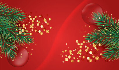 Merry Christmas red vector background with evegreen branch, glass ball and glitter gold confetti. Holiday xmas banner card design.