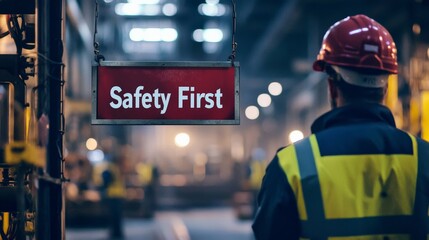 A "Safety First" poster in an industrial setting, reminding workers to follow safety protocols