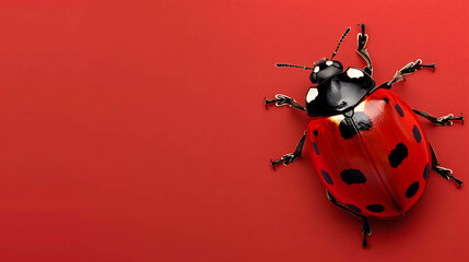 Fototapeta premium A red ladybug sits on a red background. The ladybug has black spots on its back and white spots on its head. The ladybug is facing the viewer.