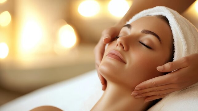 Masseuse is giving a relaxing head massage to a young woman with a towel on her hair in a spa center with warm lighting