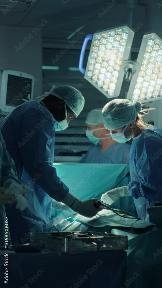 Aufkleber vertical screen: deep in the process of an emergency surgery, team of healthcare professionals navig