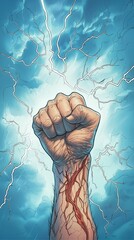 Powerful Fist Against Stormy Sky: Graphic Novel Style