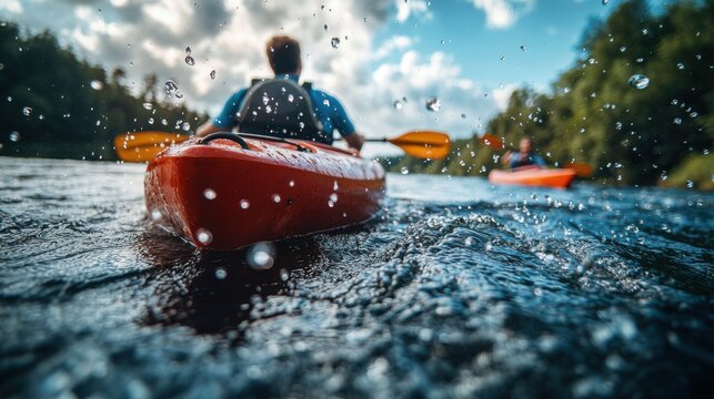 Kayakers on river with splashing water, dynamic close-up shot, water droplets, outdoor adventure, summer activity, scenic nature, river exploration, teamwork, thrilling kayaking experience