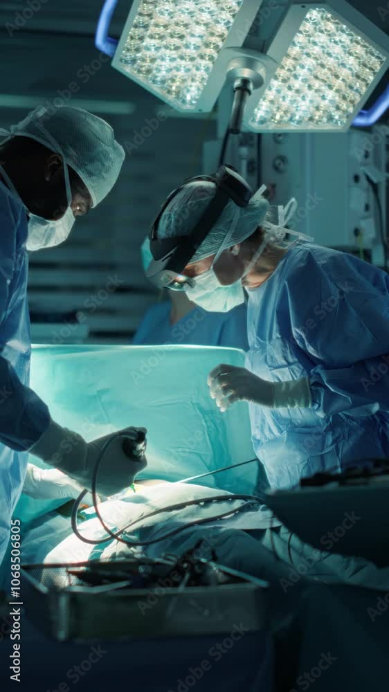 Poster Vertical Screen: Lead Surgeon Navigating Complex Steps with the Help of an Augmented Reality Glasses. Female Medical Professional is Aided by Nurses and Surgical Assistants in a Coordinated Teamwork