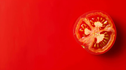 A close-up image of a tomato cut in half on a red background.