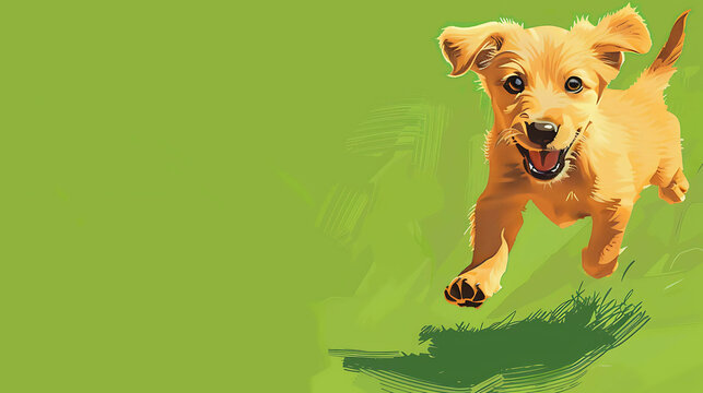 A cute golden retriever puppy is running and jumping in the green grass. The puppy has a happy expression on its face and is looking up at the camera.