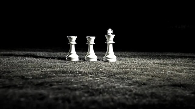 Three white chess pieces stand on a patch of grass in the night