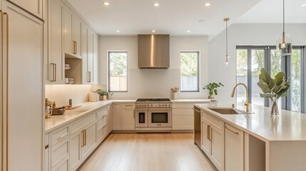 Modern Kitchen with White Cabinets and Gold Accents