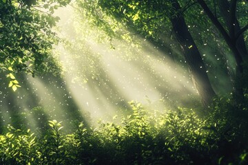 Fototapeta premium The bright sun is shining beautifully through the tall trees in the forest