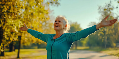 Cheerful senior woman wearing sportswear exercising in park. Healthy and active lifestyle concept.