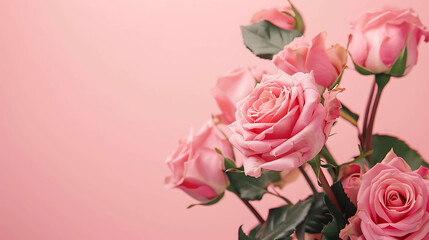 Light pink roses in full bloom against a pink background. The roses are arranged in a bouquet with green leaves. The image is soft and romantic.