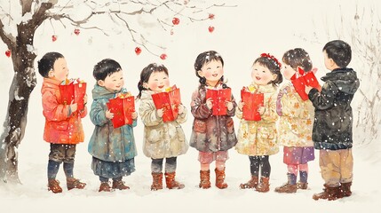 Fototapeta premium Children joyfully celebrating in winter, holding red envelopes amidst falling snow, surrounded by nature.