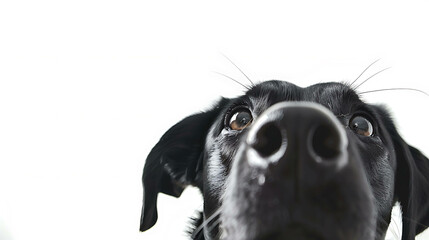 A close-up of a black dog's face. The dog is looking up at the camera with its big, brown eyes. Its nose is wet and shiny.