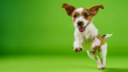 A cute and happy puppy is running and jumping in mid-air against a green background.