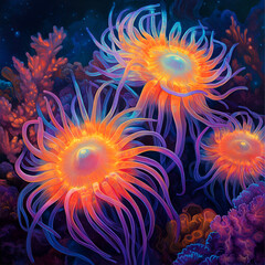 Bioluminescent Anemones, Glowing Sea Anemones," "Bioluminescent Underwater Life