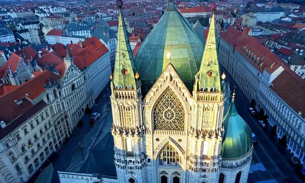 Aerial view of famous places St. Stephen's Cathedral Stephansdom at night. Mother church of the Roman Catholic Archdiocese of Vienna. Austria