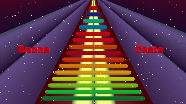 Sfondo sfumato con un albero di Natale multicolore al centro, con scritta Buone Feste rossa, posta al centro l'albero con morbidi fiocchi di neve che scendono