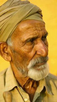 Indian Elderly Man in Pagri Holding Stick, Studio Portrait