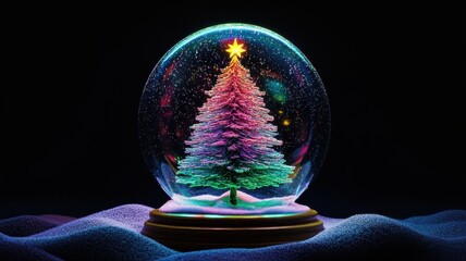 Christmas decorative empty glass snow globe and Aurora in black blackground, podium with snowman,christmas tree,pine cone,white snowdrift under transparent dome, glow garland,Xmas greeting.