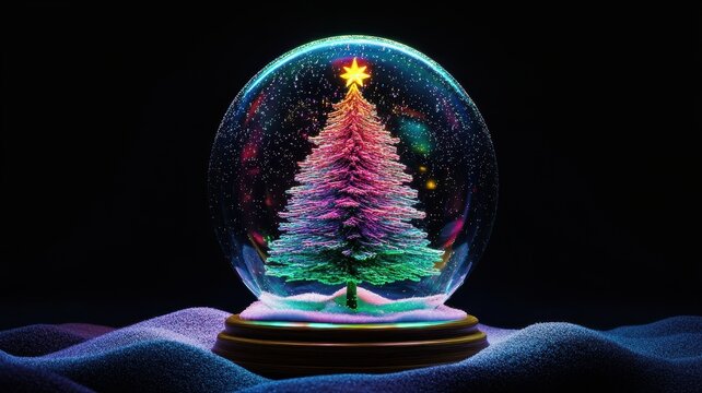 Christmas decorative empty glass snow globe and Aurora in black blackground, podium with snowman,christmas tree,pine cone,white snowdrift under transparent dome, glow garland,Xmas greeting.