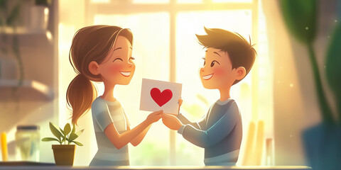 Boyfriend giving his girlfriend a card with red heart on it. Valentine's day concept.