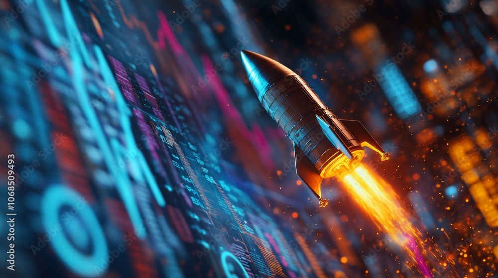 Aufkleber a rocket ship blasts off against a background of data and numbers symbolizing growth and success in 