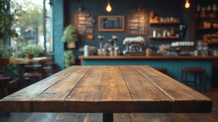 blurred coffee shop and restaurant interior, featuring an empty wooden table as the focal point. the soft lighting and cozy ambiance create an inviting space perfect for product displays or montages