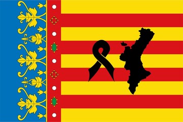 Bandera de la Comunidad Valenciana con los elementos heráldicos, silueta del mapa de la Comunidad Valenciana y un lazo negro en señal de luto