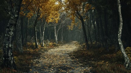 Obraz premium Path through a forest by the Atlantic shore with fallen leaves, representing the season charm