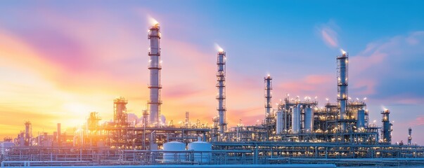 Fototapeta premium Majestic sunset behind refinery towers with steam gracefully rising into the colorful sky.