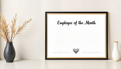 Employee of the Month award frame on a modern shelf with copy space, bonuses and rewards theme