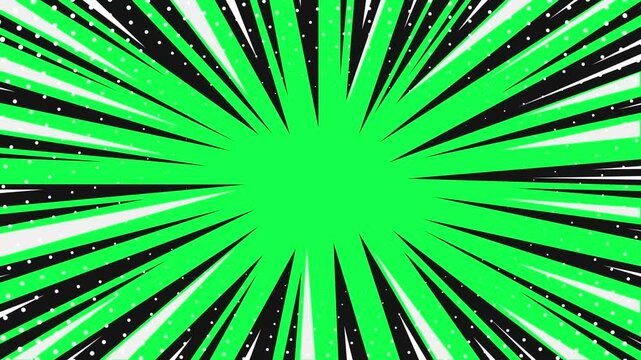 Comic manga green screen background with speed action effect, vibrant pop lines, animated radial line frame of anime explosion cartoon pattern, explode flash, burst force, superhero motion, action. 4k