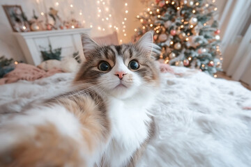A curious cat taking a selfie in front of a Christmas tree
