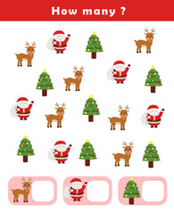 Christmas activity sheet. Counting educational children game. Math kids activity sheet. How many counting game with cute christmas illustration.	