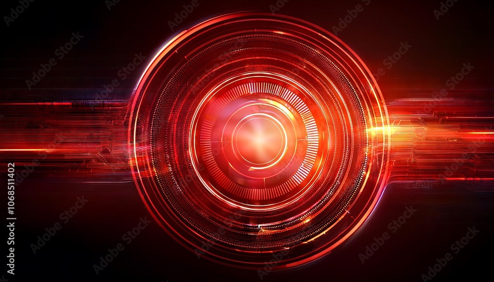 Poster a circular mechanism glowing intensely red radiates from a dark background