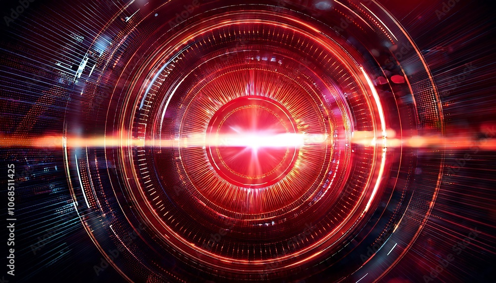 Poster a circular mechanism glowing intensely red radiates from a dark background