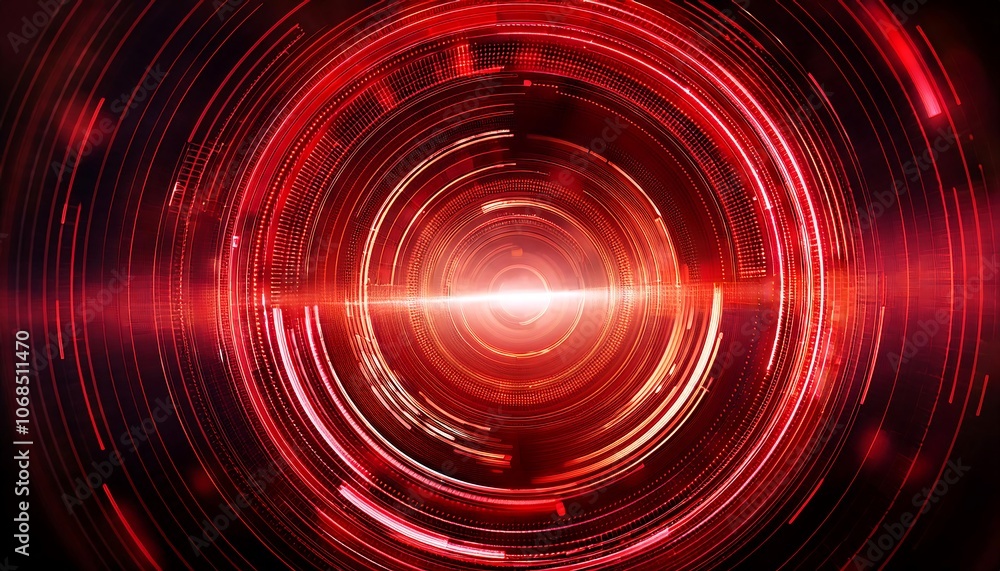 Poster a circular mechanism glowing intensely red radiates from a dark background