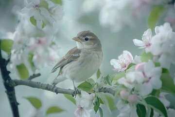 Fototapeta premium A beautiful little bird perched on the branch of an apple tree, surrounded by delicate white and pink blossoms.
