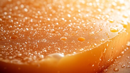 A slice of golden cheese lies on a surface, glimmering with droplets of moisture under warm light,...