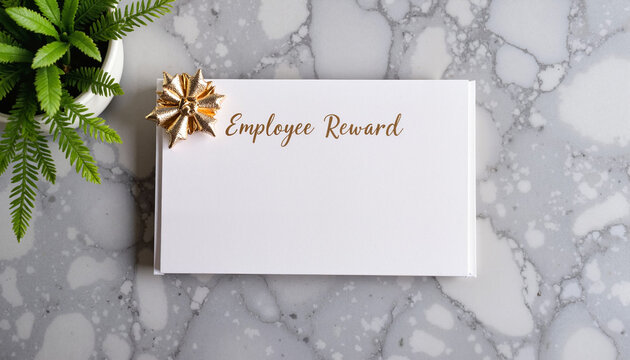 Employee reward letter with a golden bow on a marble background next to a plant, bonuses and rewards theme 