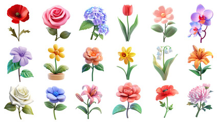 PNG 3D flower design element set, transparent background