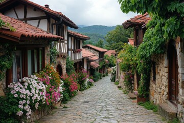 Fototapeta premium Charming Cobblestone Street in a Picturesque Village Surrounded by Lush Greenery and Vibrant Flowers Under a Cloudy Sky