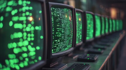 Obraz premium Row of Retro Computer Monitors with Green Code