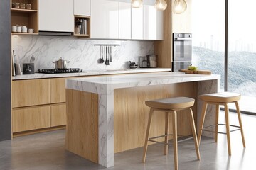 Modern kitchen island with marble countertop and two wooden bar stools