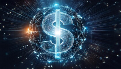 Obraz premium A glowing blue dollar sign within a network sphere radiates against a dark, energetic background, symbolizing digital finance