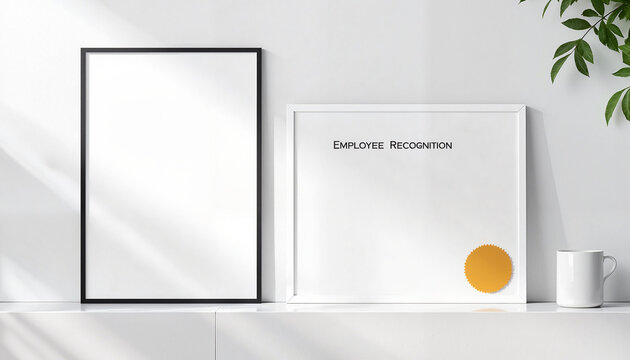 Two frames displaying a blank certificate and an Employee Recognition document with a seal, bonuses and rewards theme 