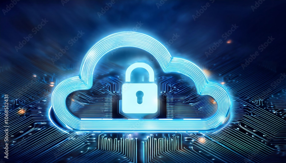 Poster a glowing cloud icon with a padlock inside, sitting on a circuit board, representing secure data sto