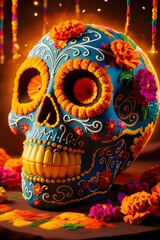 Fototapeta premium Día de los Muertos Celebration: Handcrafted Skull with Traditional Patterns