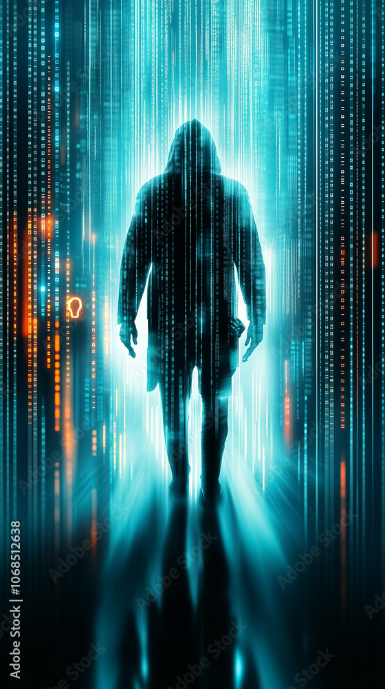 Poster the figure moves forward in a glowing environment, surrounded by streaming lines of code and vibrant