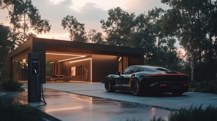 A black electric car charging in front of a modern house, showcasing eco-friendly transportation and contemporary architecture.